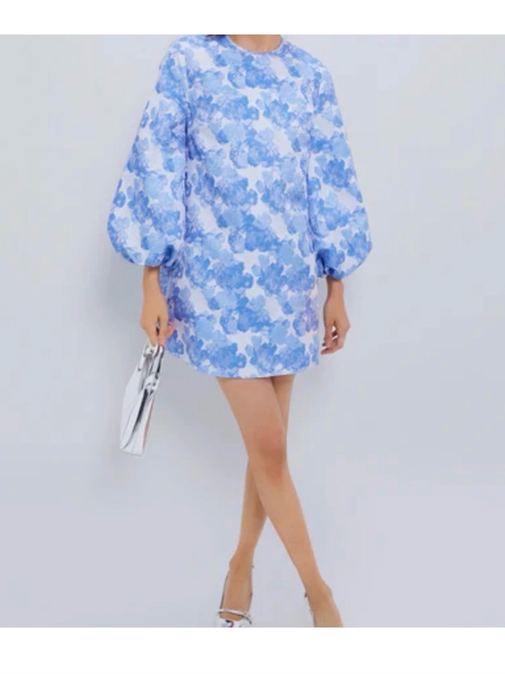 Blue Floral Balloon-Sleeve Mini Dress